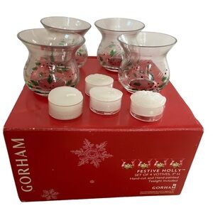 Gorham Festive Holly Votives W/Tealight Set of 4 Hand-cut Hand-Painted Gift